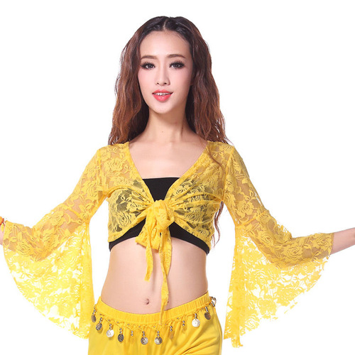 Adult women black red blue lace belly dance top adjustable bra top blouse long trumpet sleeve belly practice lace shawl long sleeve tops capes