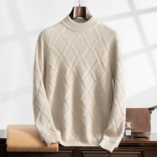 New Cashmere Sweater Men's Full-body Mat Jacquard Loose Pullover Long-sleeved Sweater Half-turtleneck Thickened Business Casual