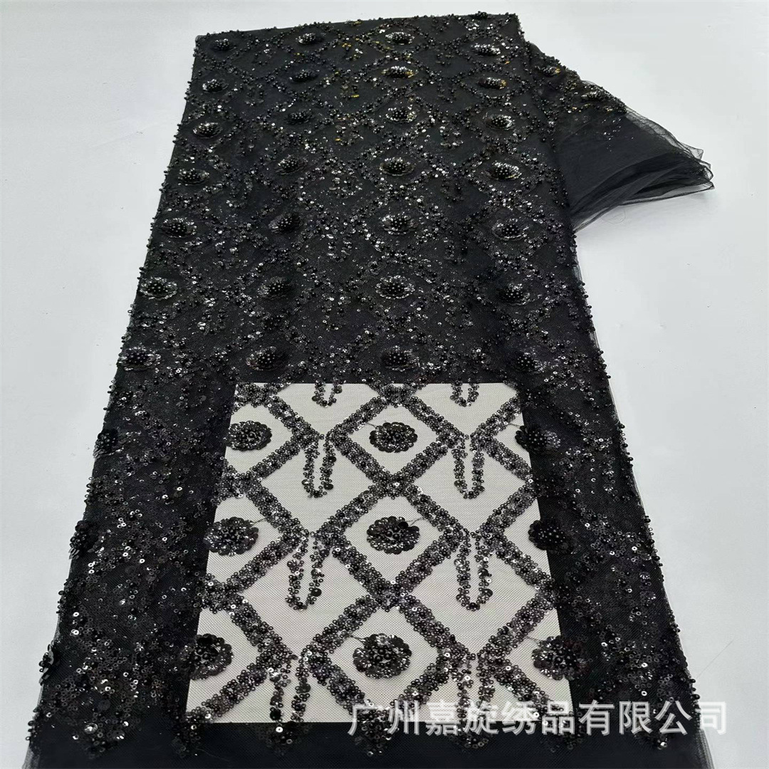 Tela de malla bordada con cuentas y diseño de rombos para vestidos de novia de moda y prendas de encaje. Telas con cuentas.