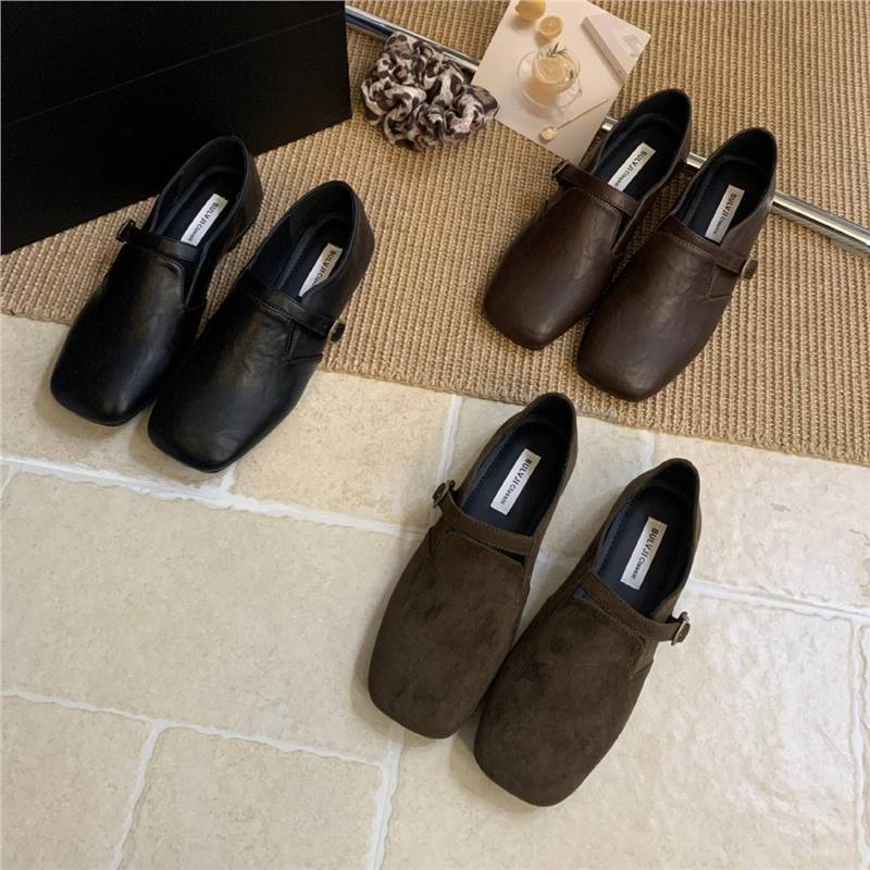 2025 Autumn New Retro Square Toe Shallow Shoes for Female Office Workers Casual Lazy Slip-On Flat Evening Shoes