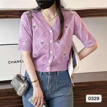 韩国chic夏季甜美波浪边立体花朵刺绣V领短袖针织衫女洋气上衣潮