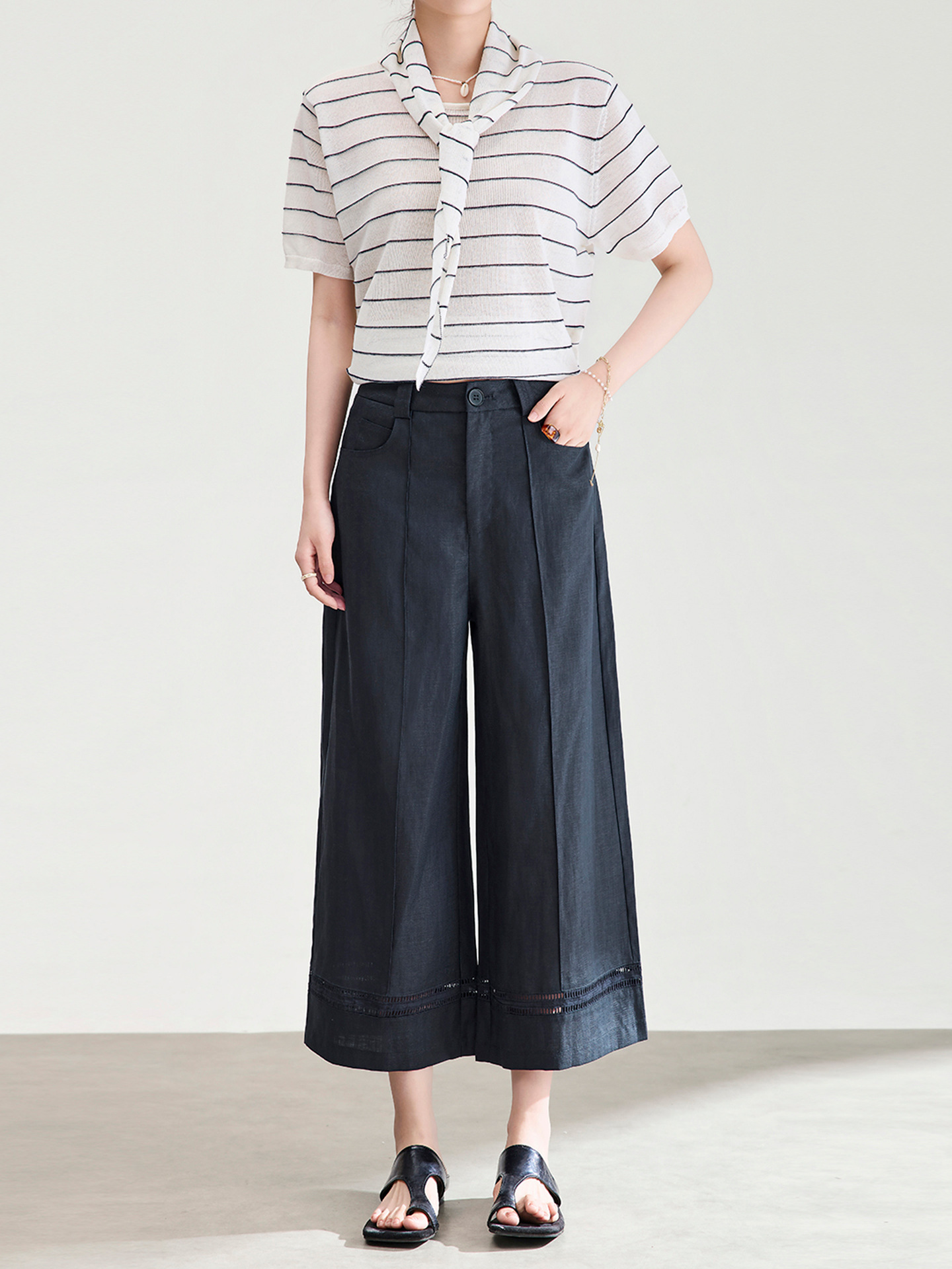Quần culottes nữ ống rộng dáng dài 9 phần, chất liệu sợi gai dầu mỏng nhẹ mùa hè — màu xanh navy