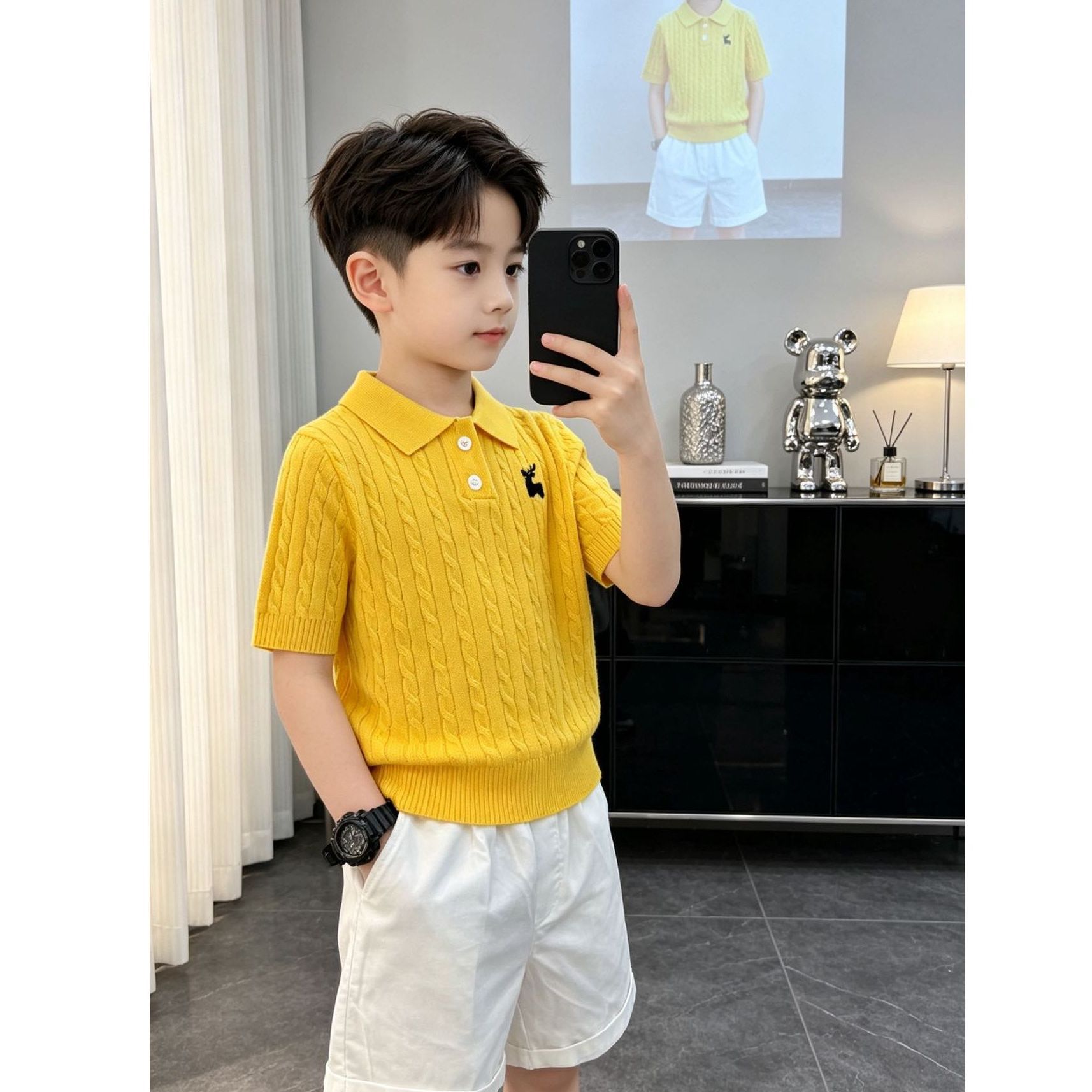 Korean children's dopamine polo short-sleeved top, 2026 summer new style, boys' and girls' preppy style sweater set