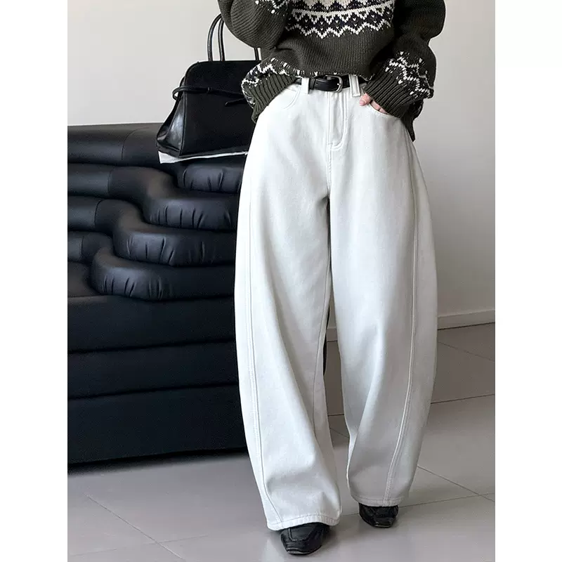 橘芷加绒弯刀裤宽松阔腿裤2025冬新款显瘦休闲牛仔裤女56232