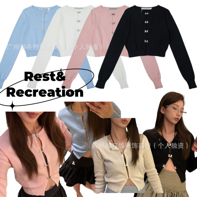 韩国restandrecreation新款rr夹设计扣短款针织开衫rr上衣女|undefined