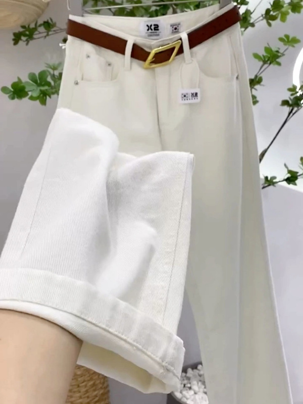 杏色直筒阔腿牛仔裤女2025早秋新款高腰宽松显瘦柔软浅色垂感长裤|undefined