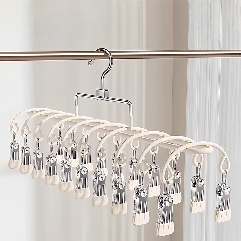 Stainless Steel Multi-Clip Sock Drying Rack with 20 Clips, Windproof Balcony Hanger for Drying Underwear, Household Clothes Hanger for Babies