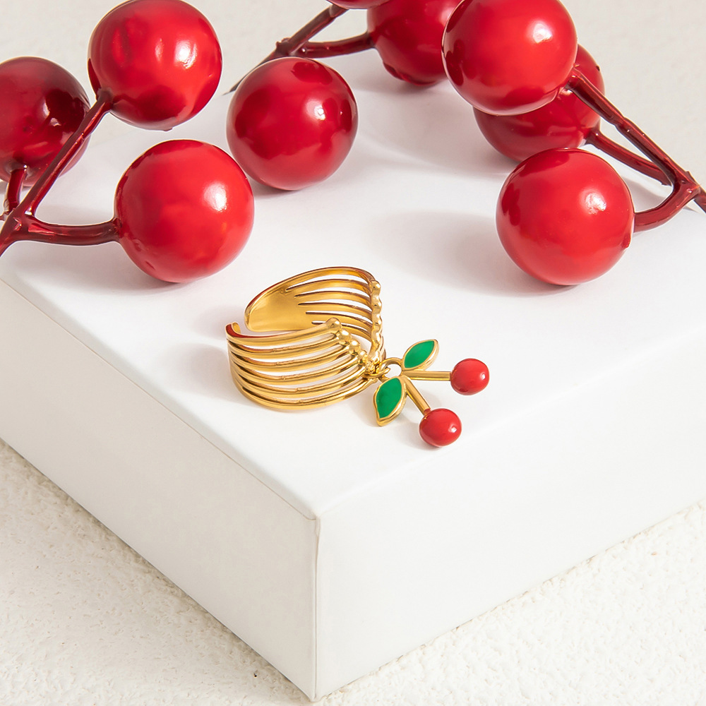 304 Stainless Steel Material Cherry, Heart Shape, Eye Pattern Women's Gender PVD Coated Real Gold Plated Cherry Heart Shape Eye 304 Stainless Steel Cute Waterproof Non Tarnish Charm Rings Open Rings