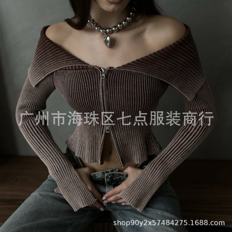 Кофты Distressed Retro Washed Zipper Women's 2025 Autumn and Winter Sexy Sexy One-Shoulder Sweater