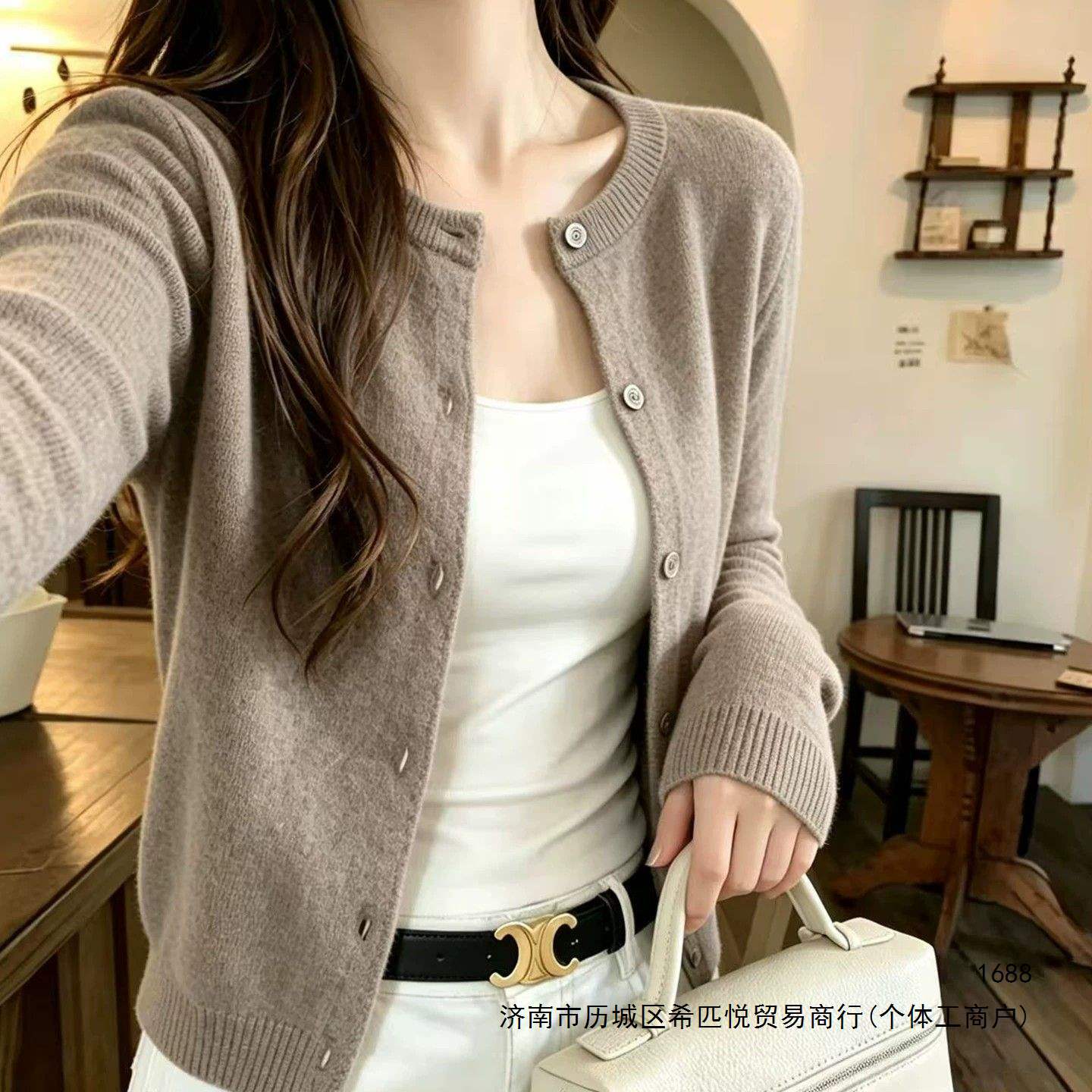 Korean-style minimalist design: round-neck knitted cardigan, new autumn collection, gray sweater, loose-fitting, thin, long-sleeved top