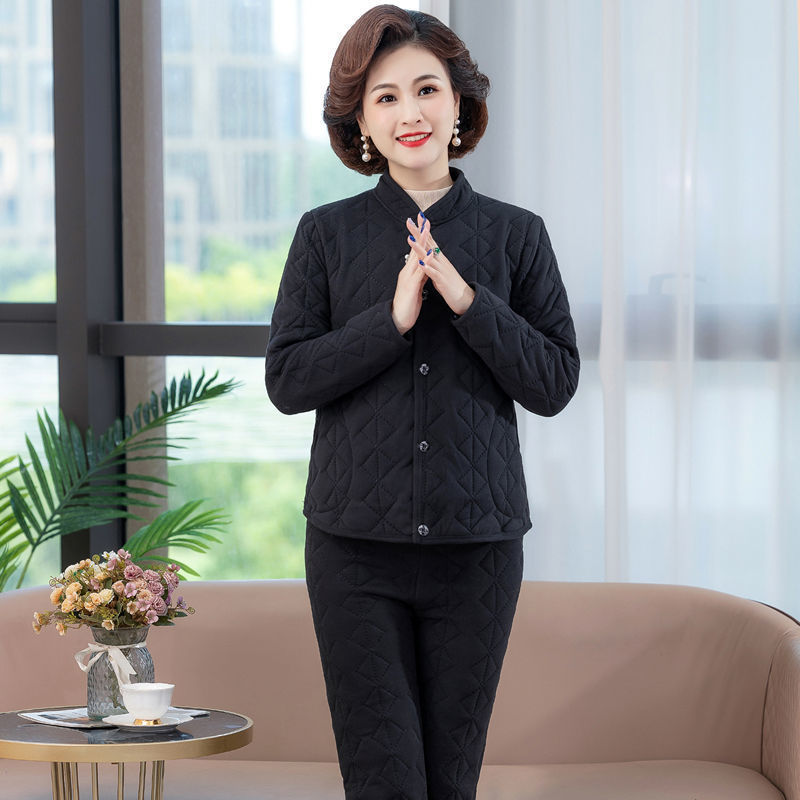 三件套保暖套装中年女装冬季新款蚕丝棉外穿高档棉服妈妈装两件套|undefined