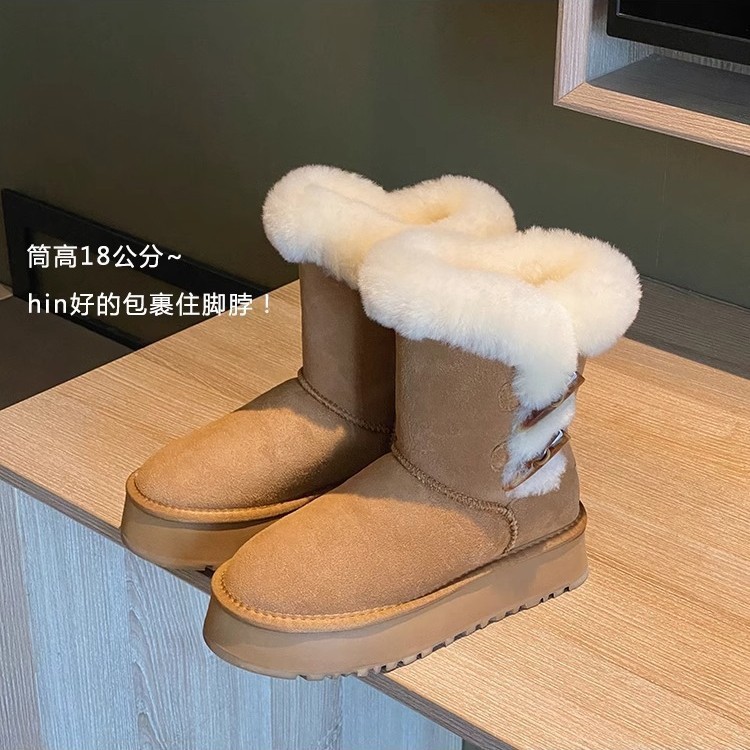 厚底雪地靴女款2025冬季新款皮毛一体加绒加厚毛毛羊角扣东北棉鞋|undefined