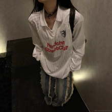 美式复古条纹字母印花长袖防晒V领速干t恤男夏季冰丝凉感橄榄球服