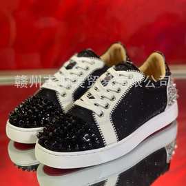 cl andgz男鞋黑色拉丝头尾铆钉低帮红底鞋铆钉女鞋情侣休闲板鞋潮