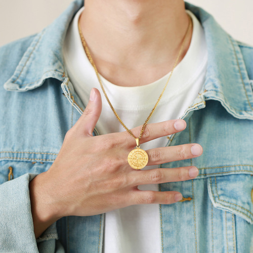 Stainless steel compass pendant gold coin compass men hip hop necklace jewelry wholesale PN-1527