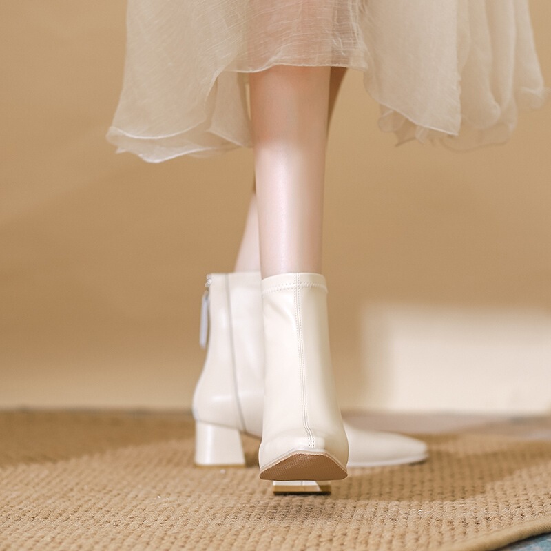Cowhide New French White Short Boots for Women, Slim Boots for Small People, High Heels, Boots for Autumn and Winter, Thick Heels, Horse and Goatskin