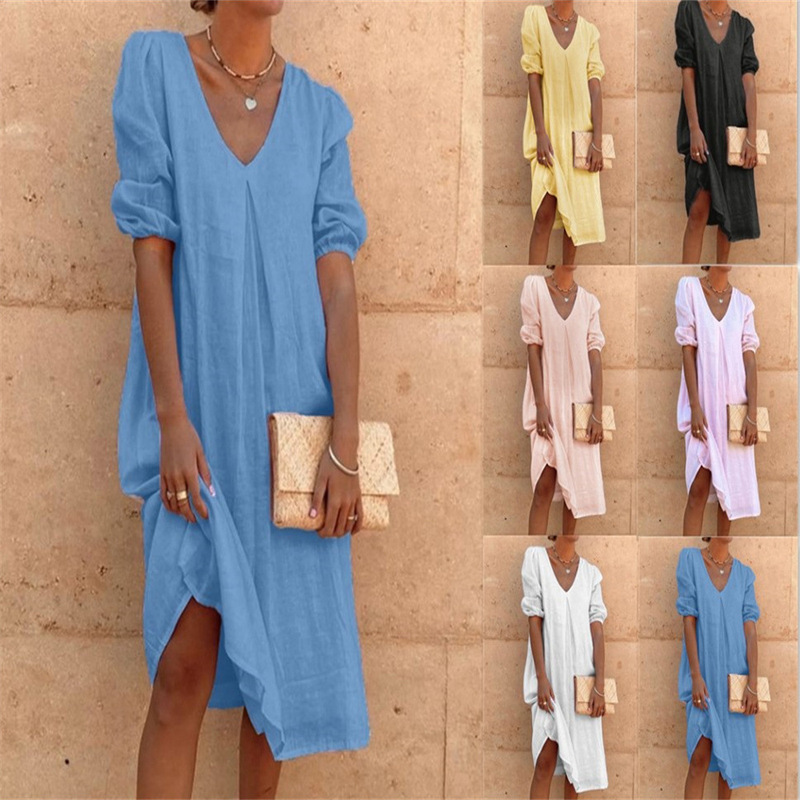 2022 European and American Cross-Border Amazon Wish Cotton and Linen Pure Color Fashion Mid-Length Long Casual Mid-Length Dress