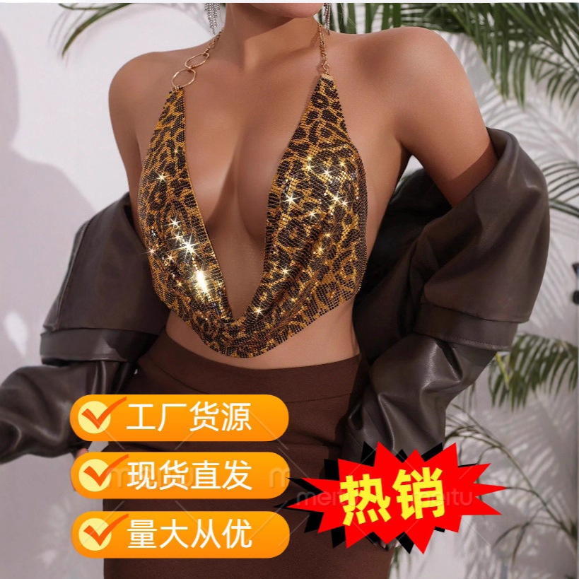 European Foreign Trade Nightclub Fashion Women's Halter Neck Deep V Metal Camisole Sleeveless Low-Cut Sexy Top