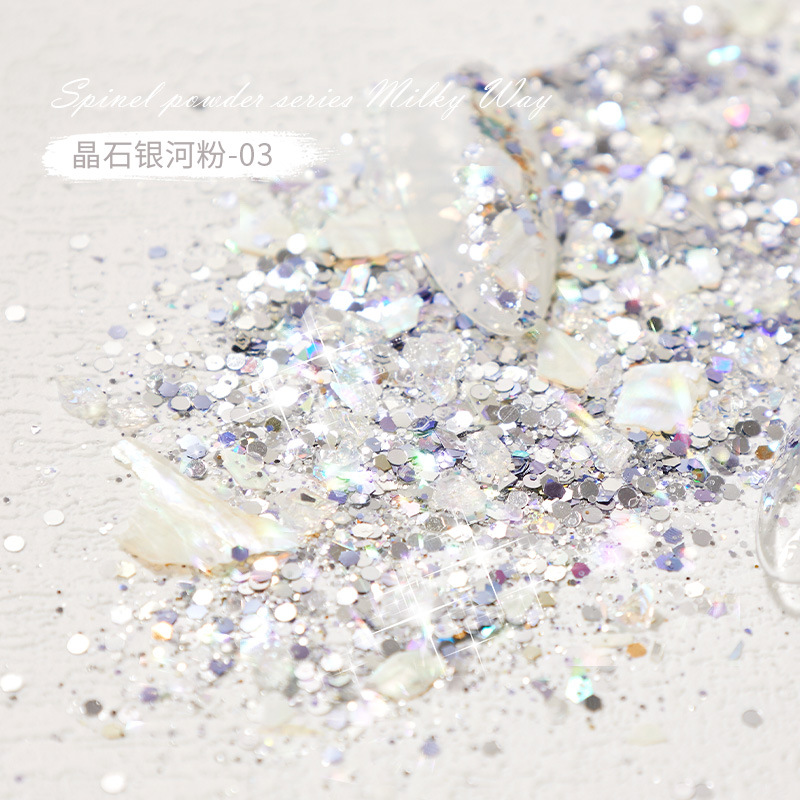 Polvo de cristales galácticos de moda en TikTok 2025, nuevas decoraciones de uñas con purpurina deslumbrante, venta al por mayor del fabricante.