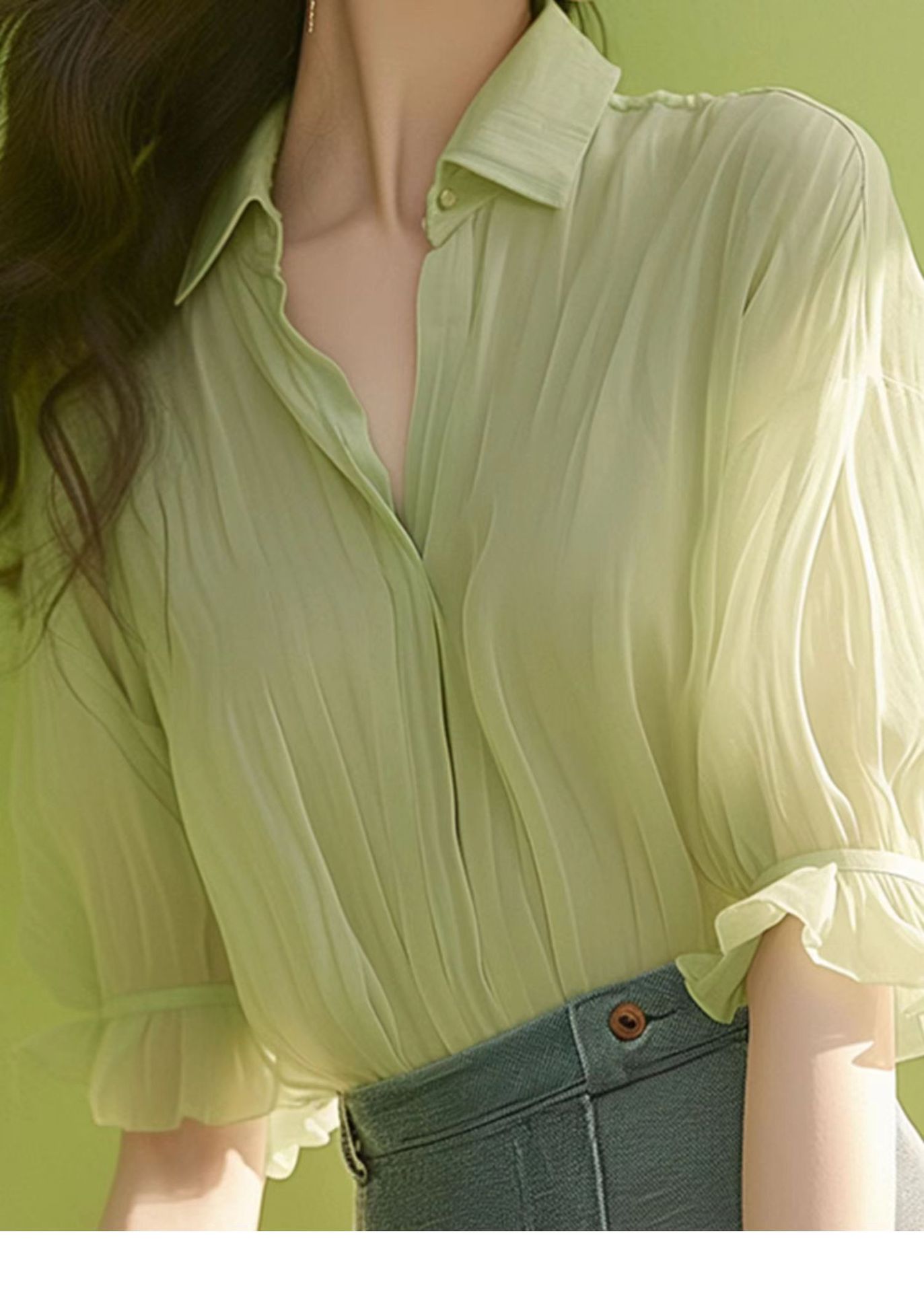 Áo sơ mi nữ tay ngắn chất liệu voan mềm mại, phong cách Pháp thanh lịch — Xanh lá cây nhạtcolor chi tiết 3