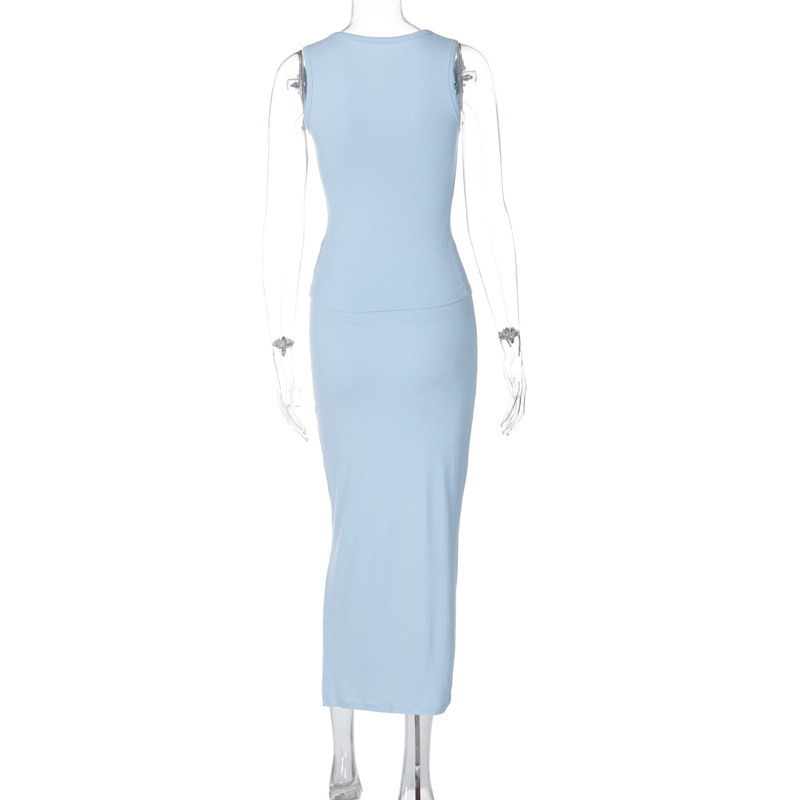 European And American Style Women's Fashion Elegant Solid Color Ribbed Sleeveless Button-up Cardigan Vest + Half Skirt_ecoleips.com