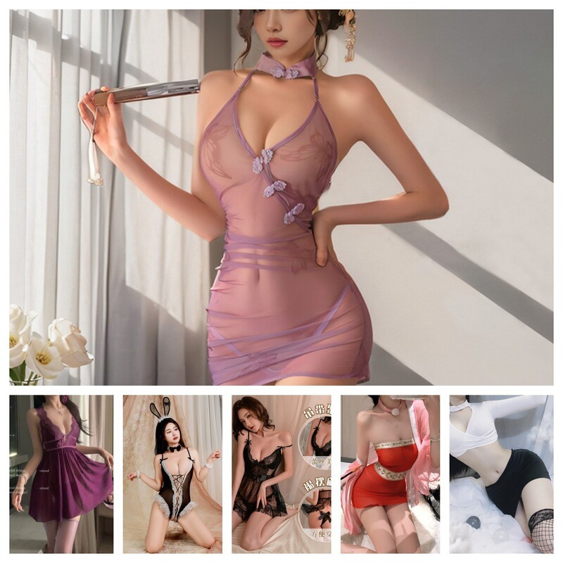 Sexy Ancient-Style See-Through Cheongsam, Hip-Hugging Short Skirt, Uniform, Pure Desire Women's Home Wear, Lace-Trimmed Camisole Nightgown Sexy Ancient-Style See-Through Cheongsam, Hip-Hugging Short Skirt, Uniform, Pure Desire Women's Home Wear, Lace-Trimmed Camisole Nightgown
