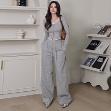 2025秋季新款欧美亚马逊跨境外贸女装花边长袖灰色长裤休闲两件套