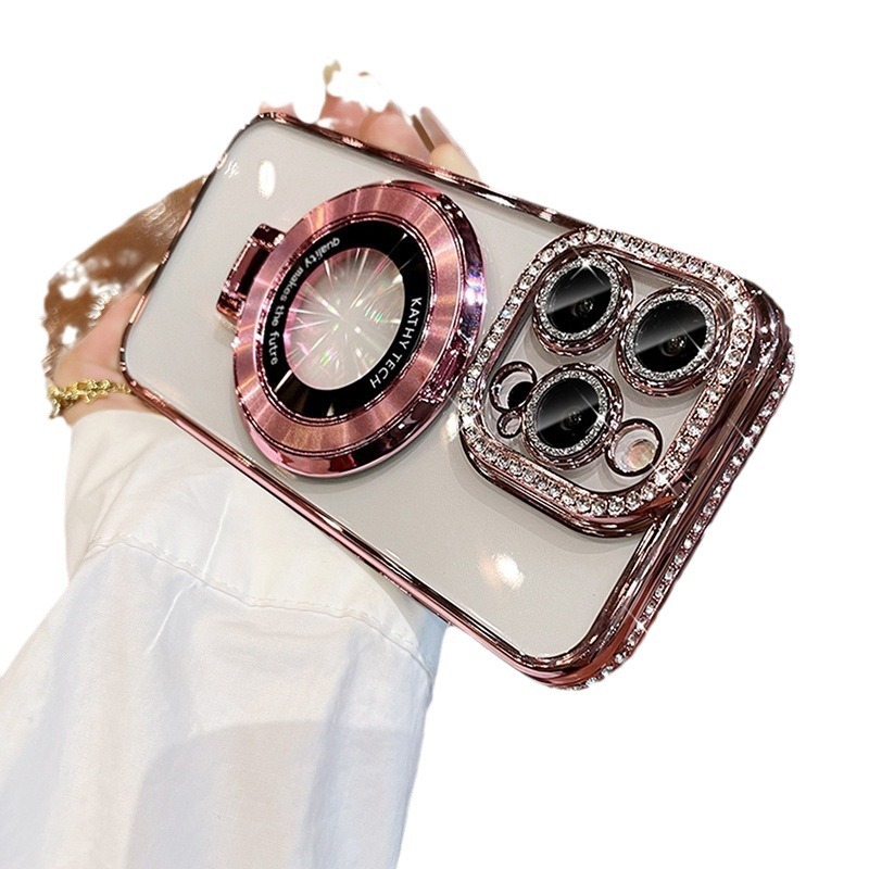 Funda para iPhone 17, soporte magnético con diamantes de imitación electrochapados para iPhone 15, funda para iPhone 14 Pro con borde adornado.