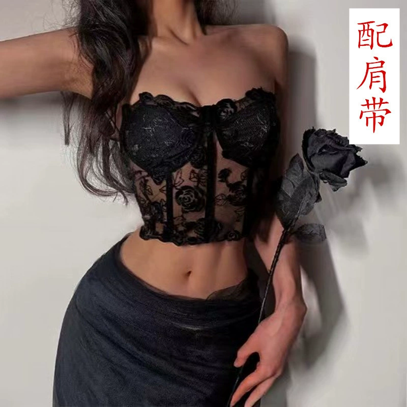 Модный жилет-бюстгальтер с вышивкой розы и стальными косточками в виде рыбьей кости с бретелями на плечах