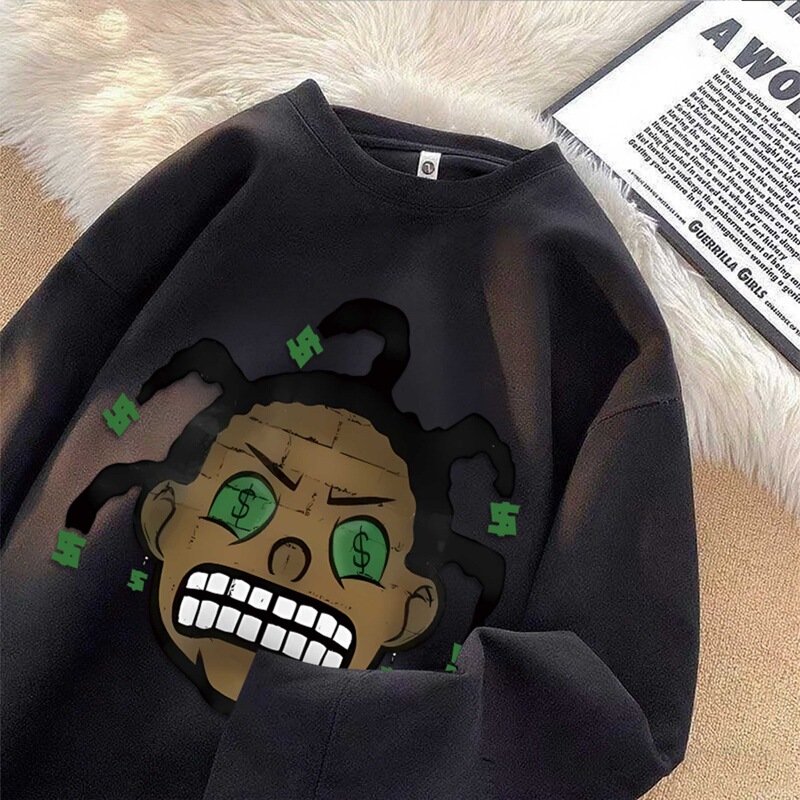 High Street Dark Cartoon Money Boy Sweatshirt for Men and Women Ins Trendy Brand Retro Hip-Hop Style Loose Pullover Long Sleeves