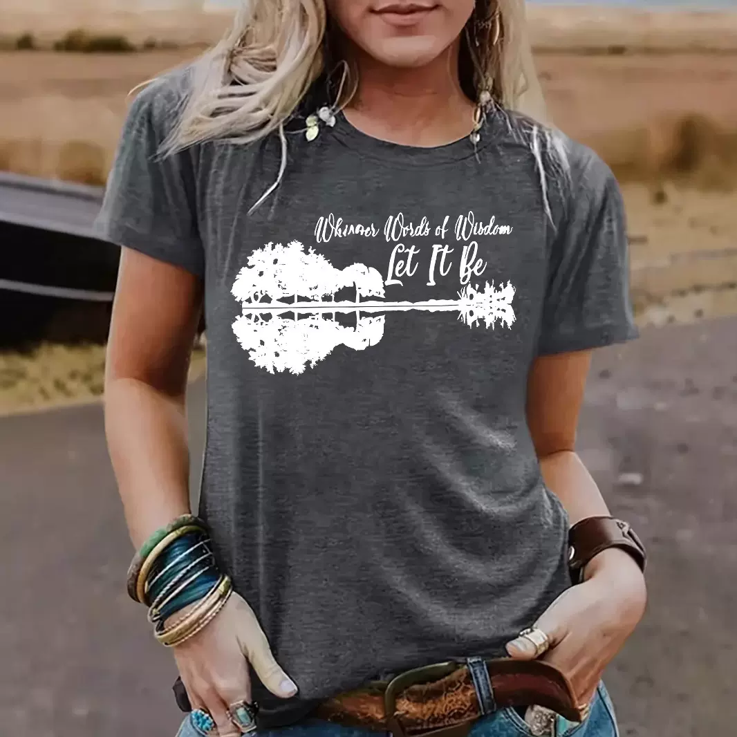 独立站欧美t恤短袖女Lei it be吉他印花圆领宽松短袖T恤跨境外贸