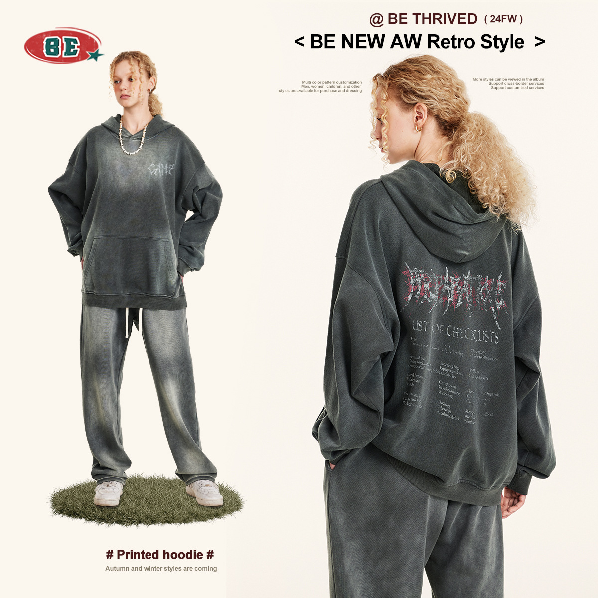 BE Men's Clothing | 2025 Autumn New Vintage Gray Hooded Men's Sweatshirt Slack Retro Washing Hoodie