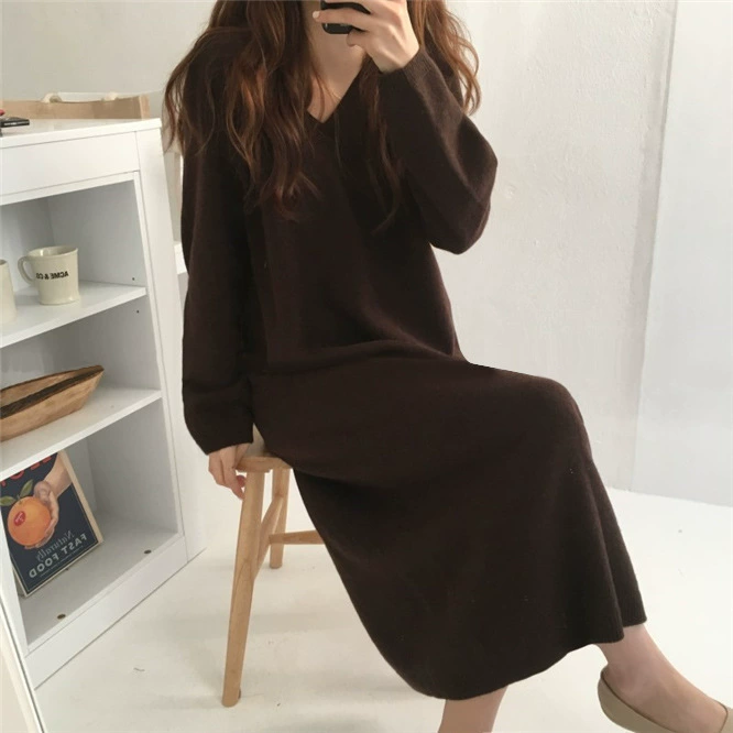 Костюм платье-свитер спицами для женщин, V-образный вырез oversize, плотный one-size
