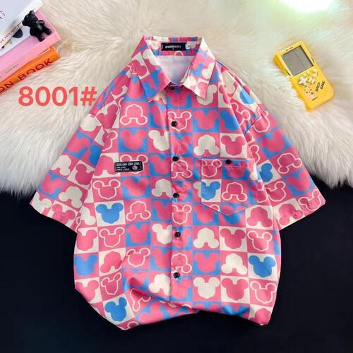 Men's Summer Vintage Floral Print Hong Kong Style Short Sleeve Button-Down Shirt Loose Thin-Fitted Top