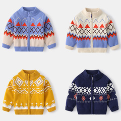 Men's Knit Cardigan Sweater for Autumn/Winter 2023, Children's Zip-up Outerwear, Checkered Knit Cardigan for Boys, Retro Kids' Clothing