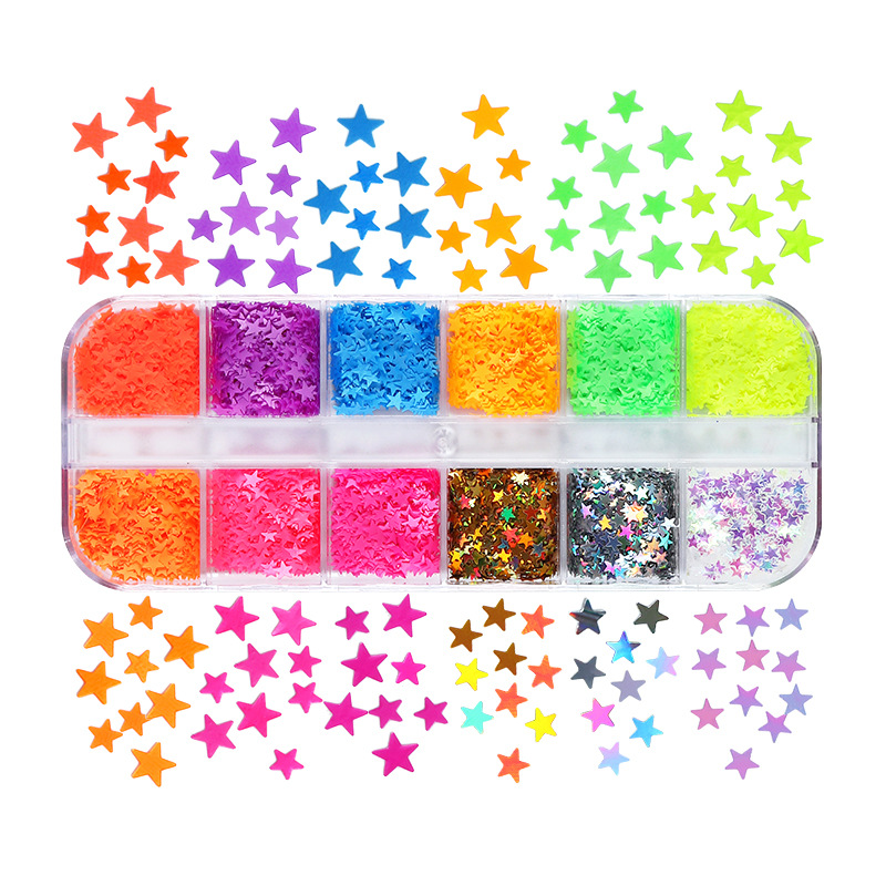 12-rejilla en caja de colores en forma especial lentejuelas mariposa amor flor estrella uñas DIY lentejuelas joyería al por mayor