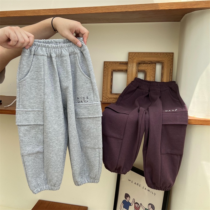 Pantaloni da lavoro e da sport per bambini autunnali 2024 per ragazzi e ragazze, tinta unita, con grandi tasche e lettere_voghion.com