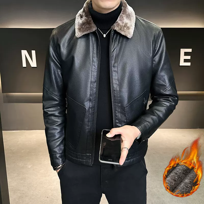 跨境爆款加厚绒皮夹克PU皮男士皮衣秋冬轻商务休闲宽松翻领外套男