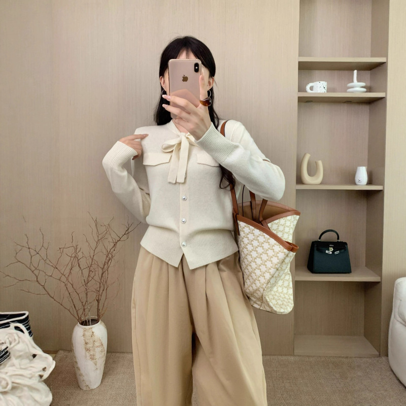 原创设计飘带系带领针织羊毛开衫女韩系温柔风高级感穿搭毛衣外套|undefined