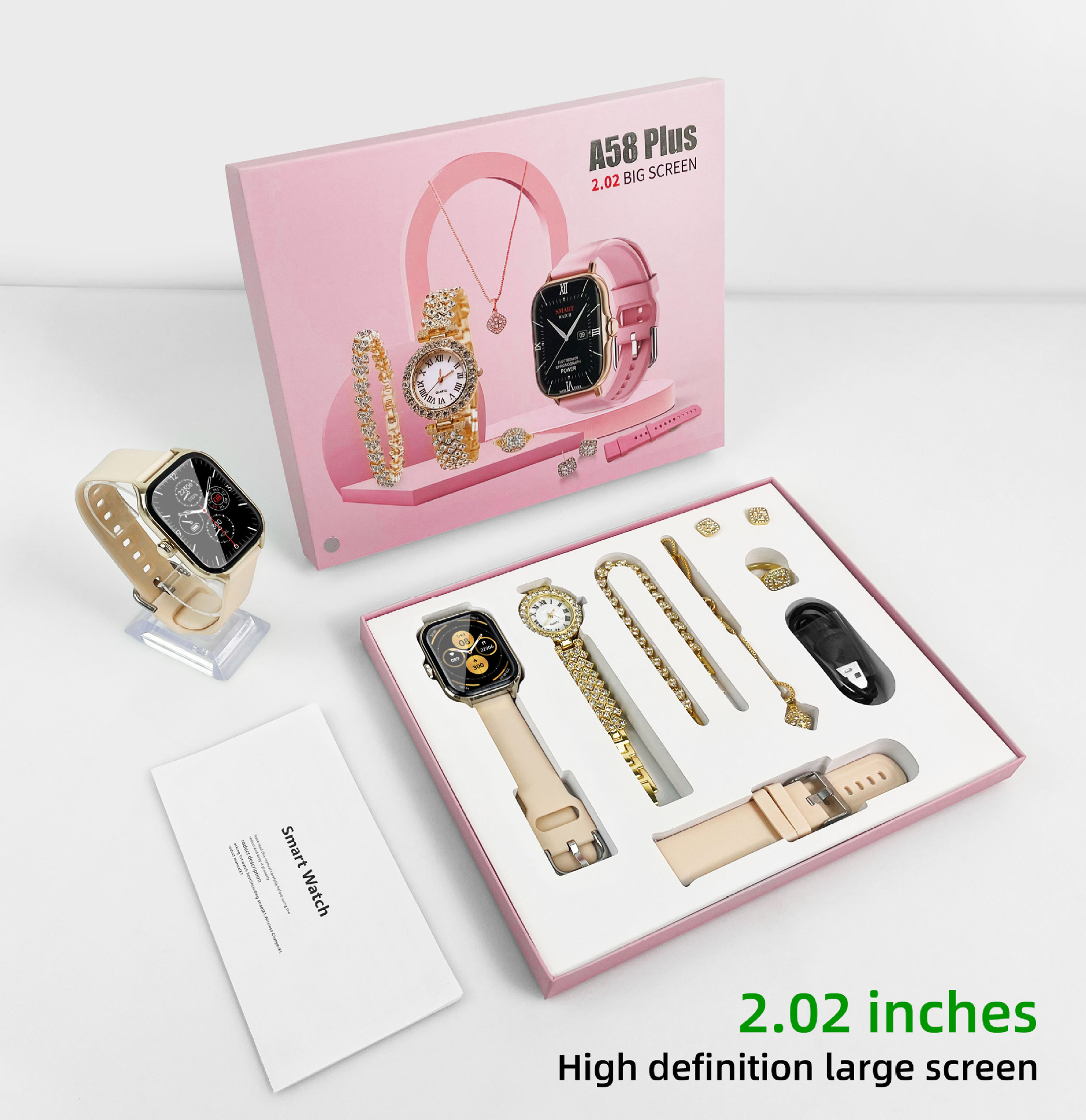 Reloj inteligente Huaqiangbei A58Plus con llamadas Bluetooth, reloj pequeño dorado con diamantes, completamente equipado con joyas, batería de larga duración, versión Bluetooth.