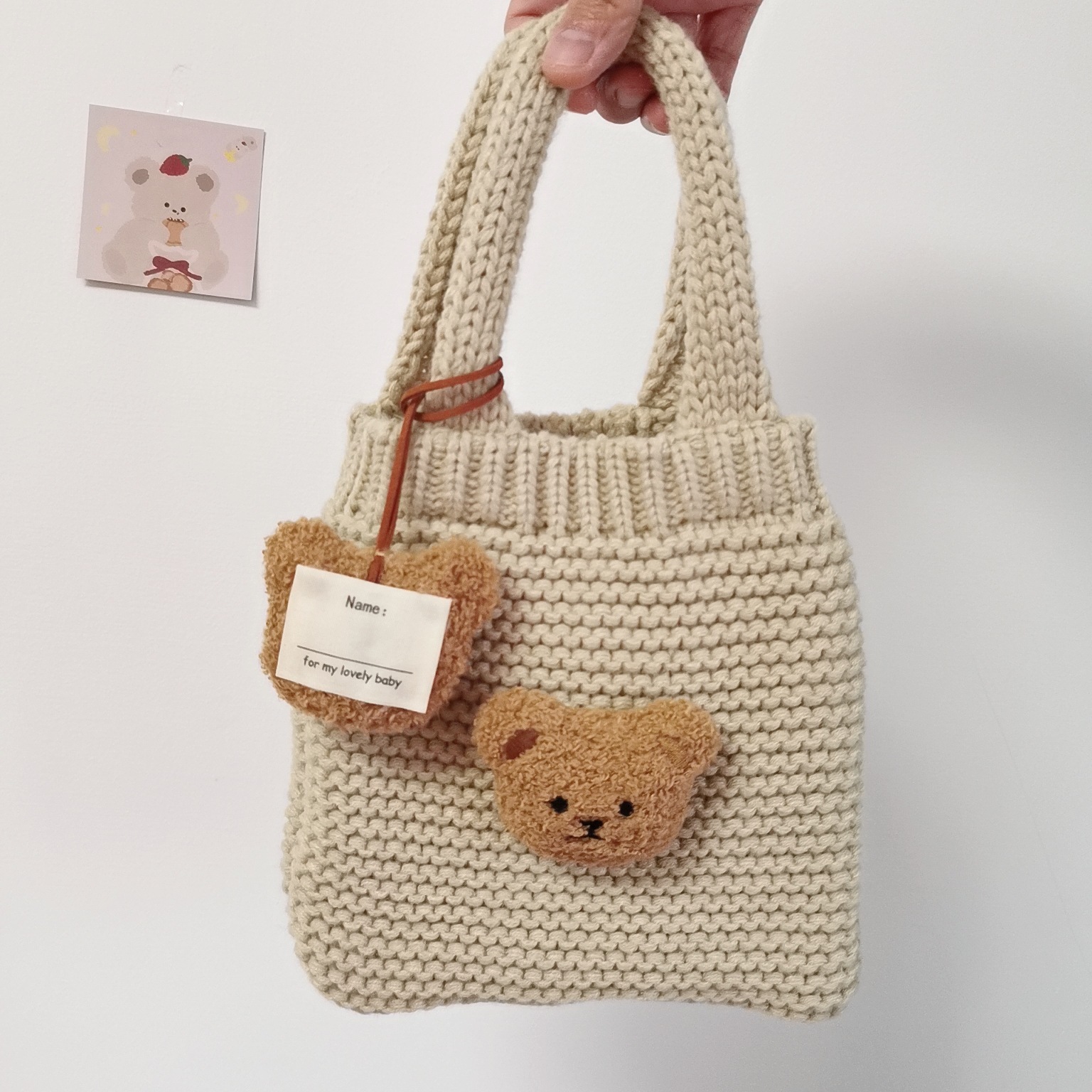 韩国ins风刺绣小熊 婴儿童手提包幼儿园宝宝零食包毛线针织手提袋
