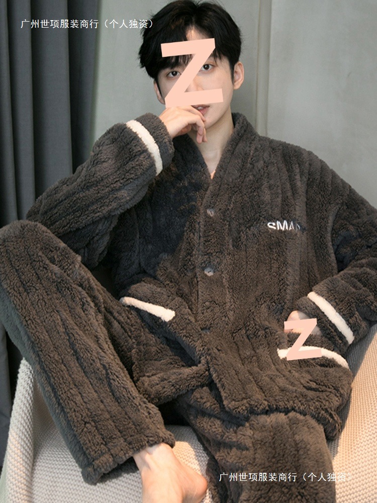 2025 New Pajamas for Men Winter Coral Velvet Stripesd Jacquard Cardigan V Neck Flannel Simple Letter Home Clothes