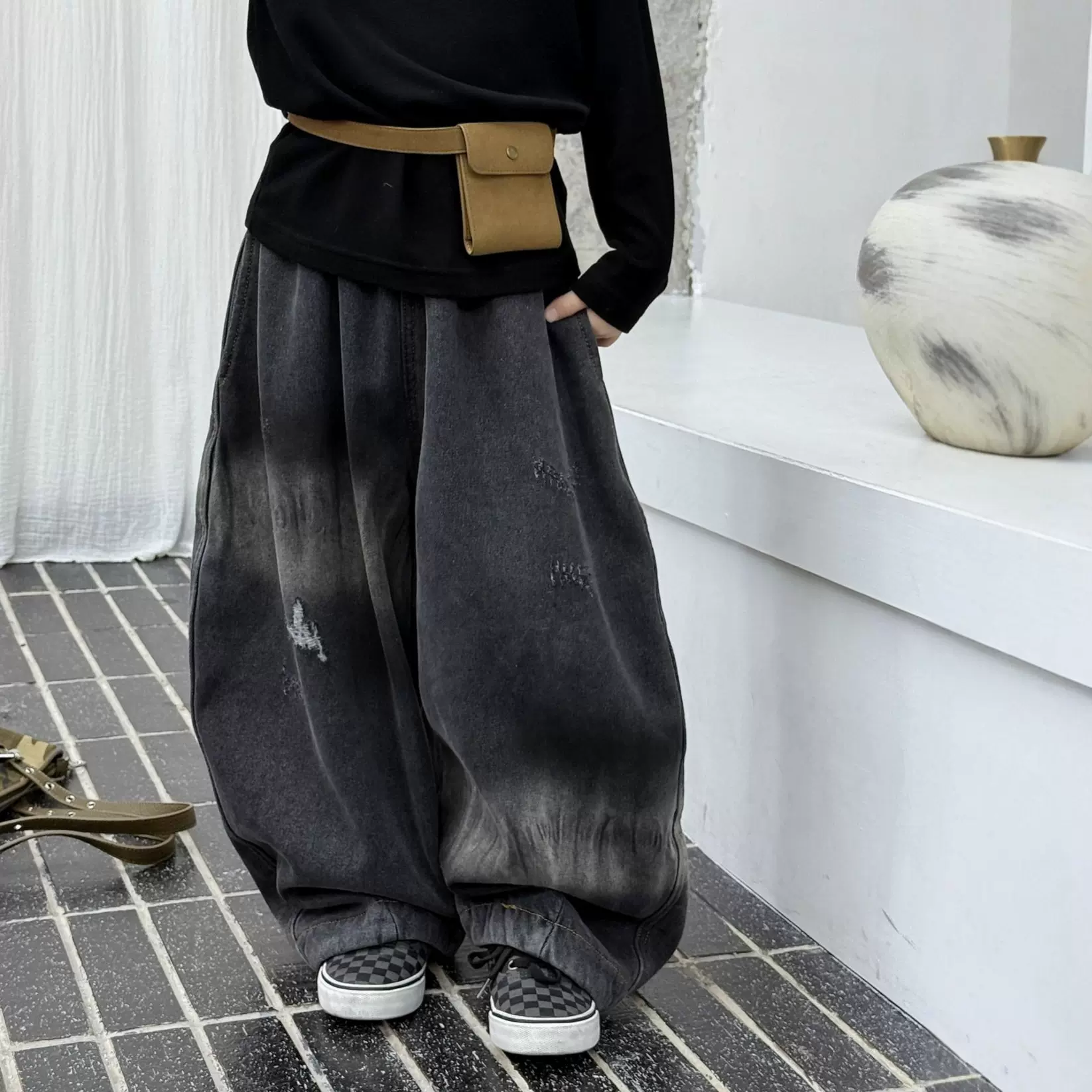 儿童加绒牛仔裤弯刀裤2025冬季长裤男童街舞时尚做旧裤子美式复古