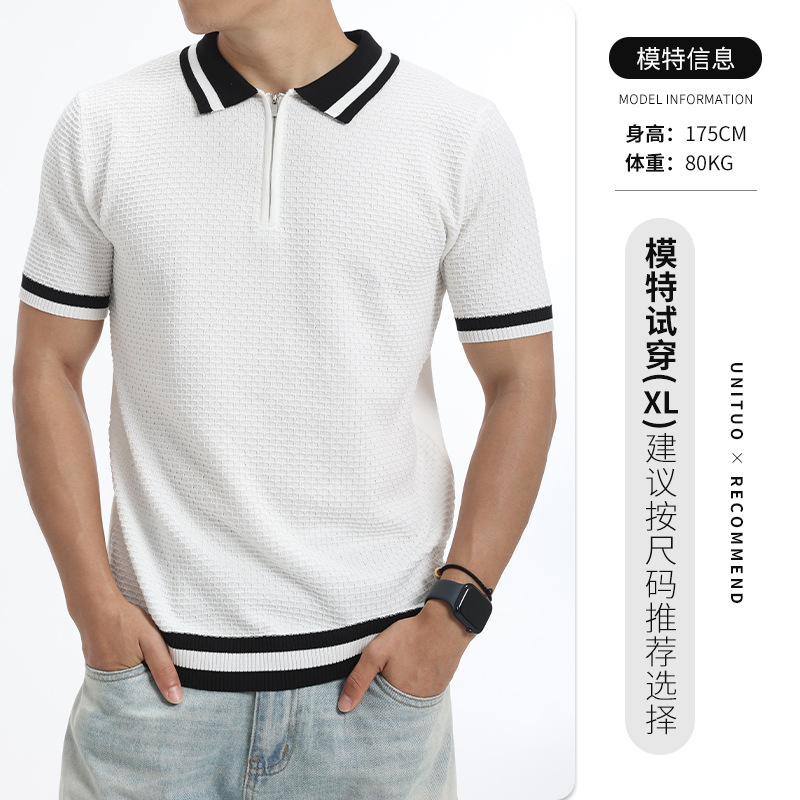 Camiseta de polo de punto de costilla de hielo con cuello superior de manga corta para hombre ligero estilo de negocios casual alta sensación de ropa de hombre