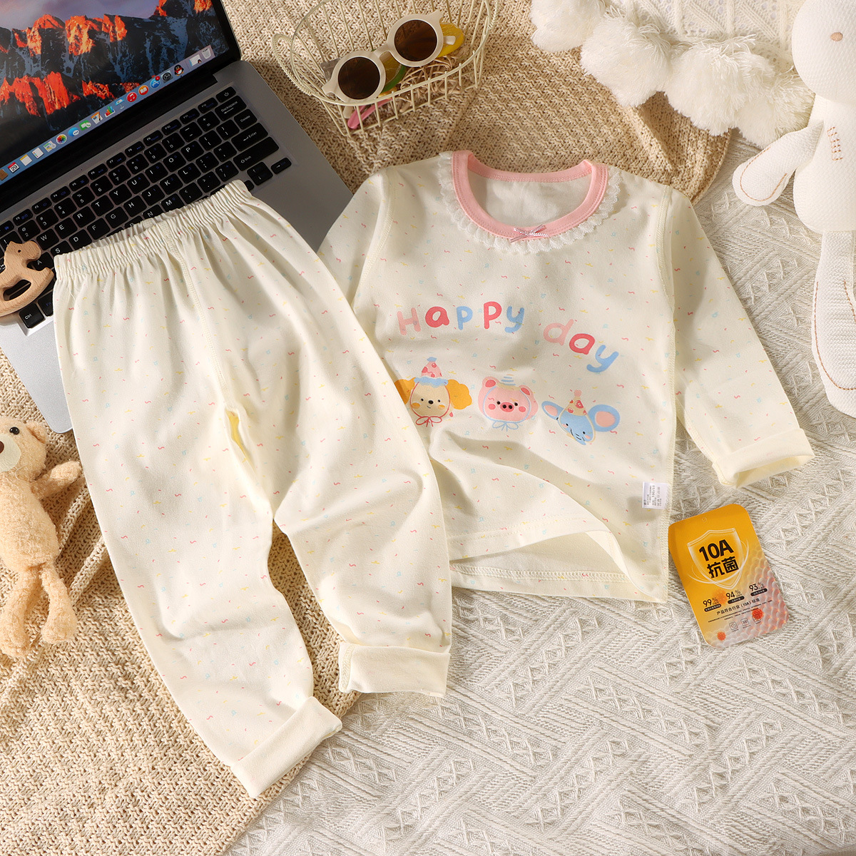 Traje de pijama para niños, ropa de aire acondicionado de dibujos animados para niños y niñas, ropa para el hogar de algodón para bebés, pantalones coreanos de manga larga para niños pequeños y medianos