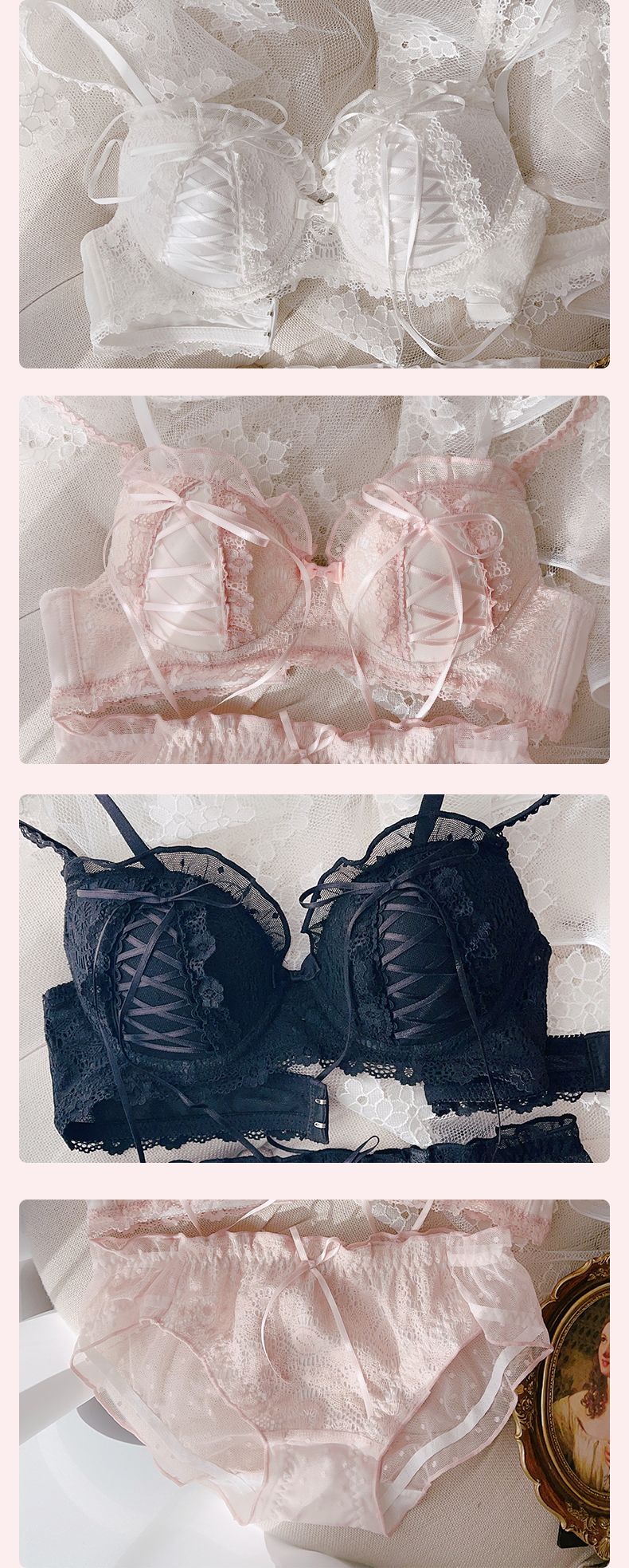 Description Picture 3 of itemWomen solid color embroidery lace lingerie and panties set ruffled cross ribbon sexy thin mold cup bras no steel ring bralette