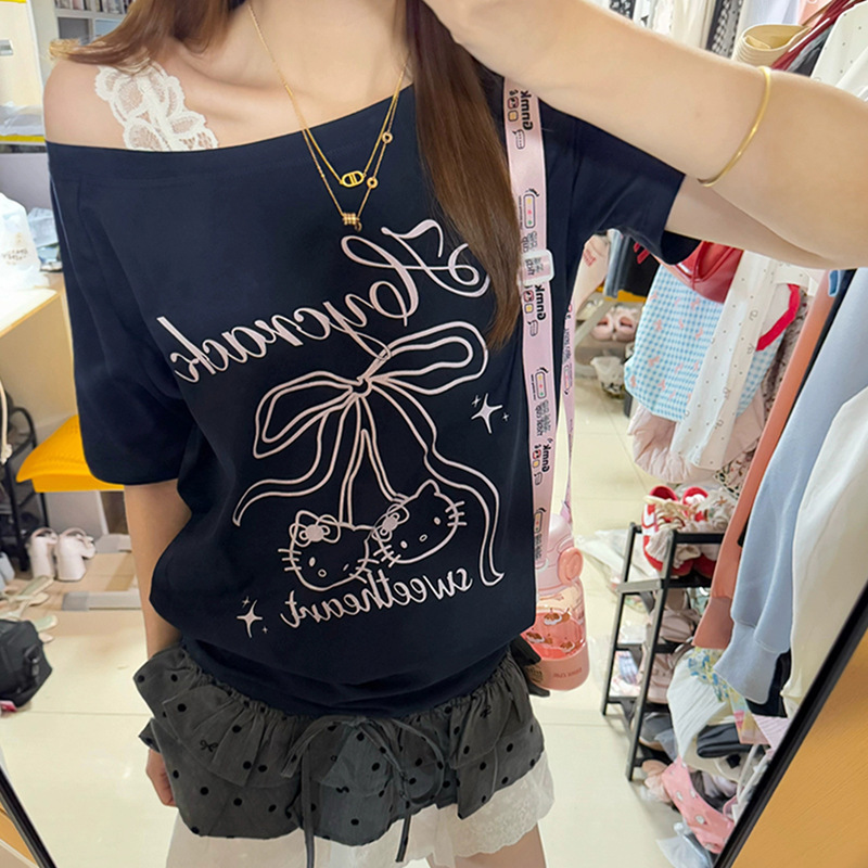 韩系ins风斜肩露肩小上衣T恤宽松显瘦辣妹短袖夏天百搭超好看上衣|undefined