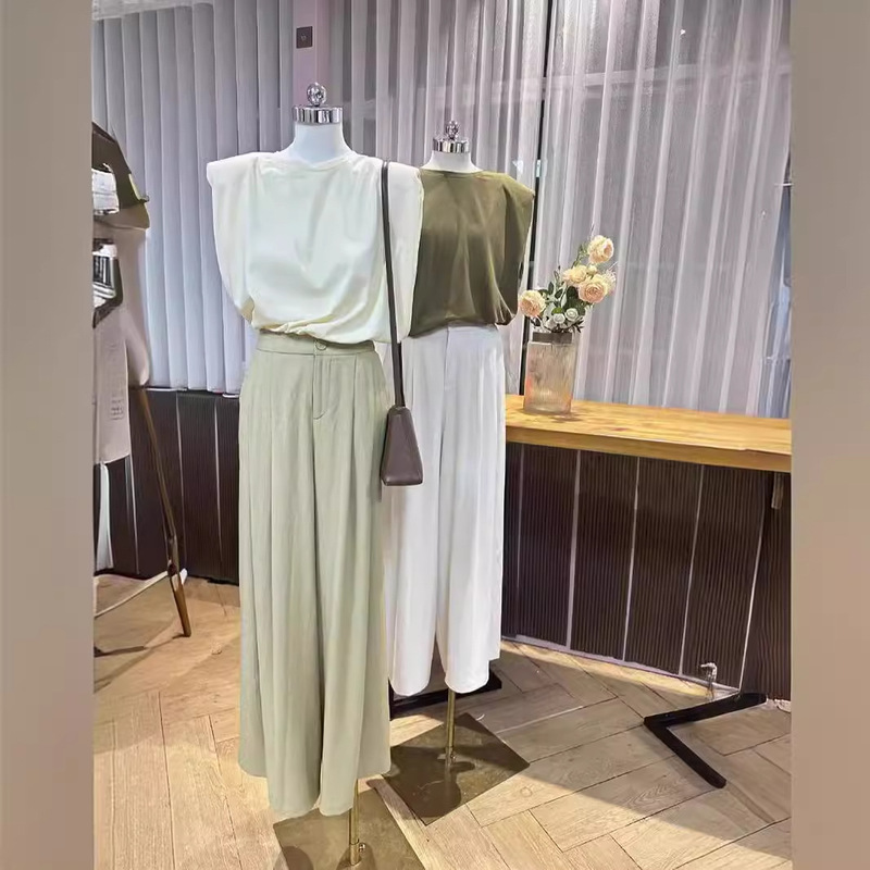 2025 Summer New Right-Angle Right-Shoulder Korean Style Loose Slimming Look French Sleeveless Niche Shoulder Pad Vest T-Shirt for Women