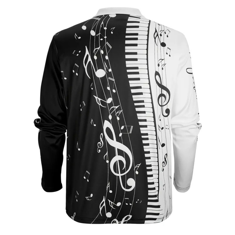 Venta caliente arte piano nota 3D impresión primavera y otoño hombre manga larga solapa suelta hombro cremallera camisa POLO
