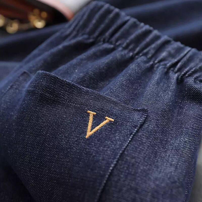 Japanese-style Commuter Tonal Retro Yarn-dyed Deep Denim V-shaped Embroidered Slim-fit Elastoic Waistline Cropped Tapered Carrot Pants
